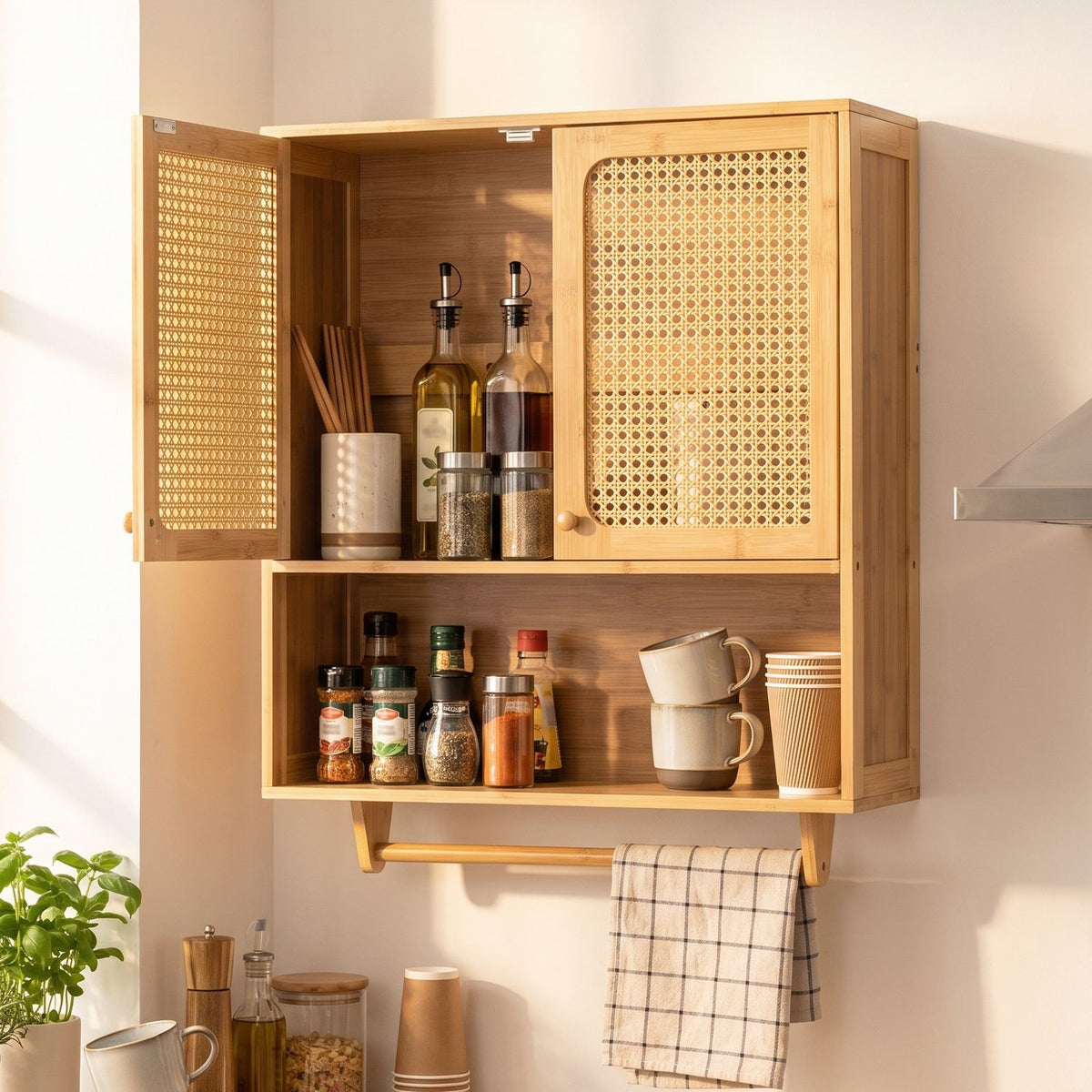 Bamboo Bathroom Wall Cabinet with Towel Rack and Ventilated Doors, Natrual