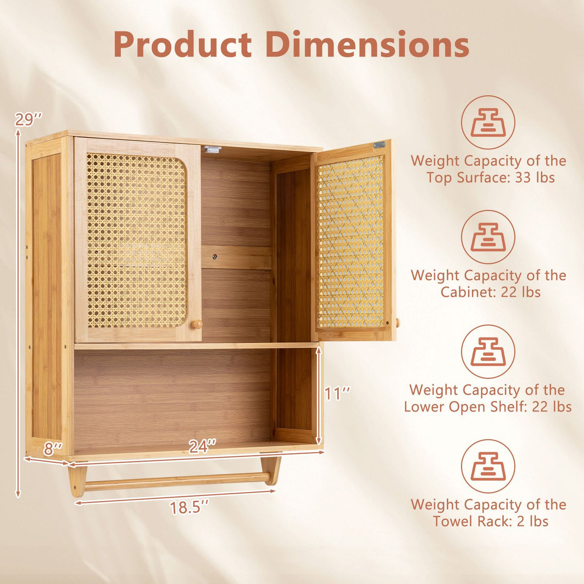 Bamboo Bathroom Wall Cabinet with Towel Rack and Ventilated Doors, Natrual