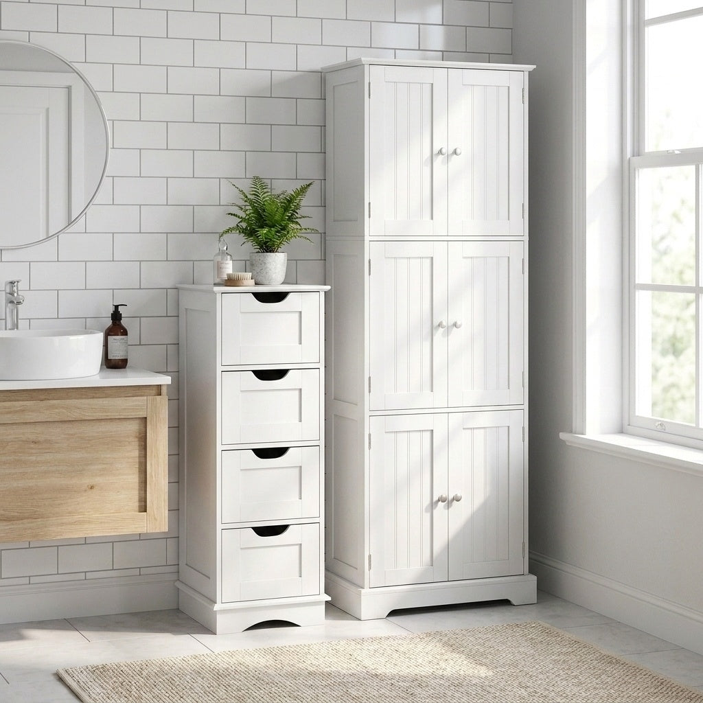 White tall cabinet and four-drawer cabinet standing together beside a bathroom vanity and tiled wall.