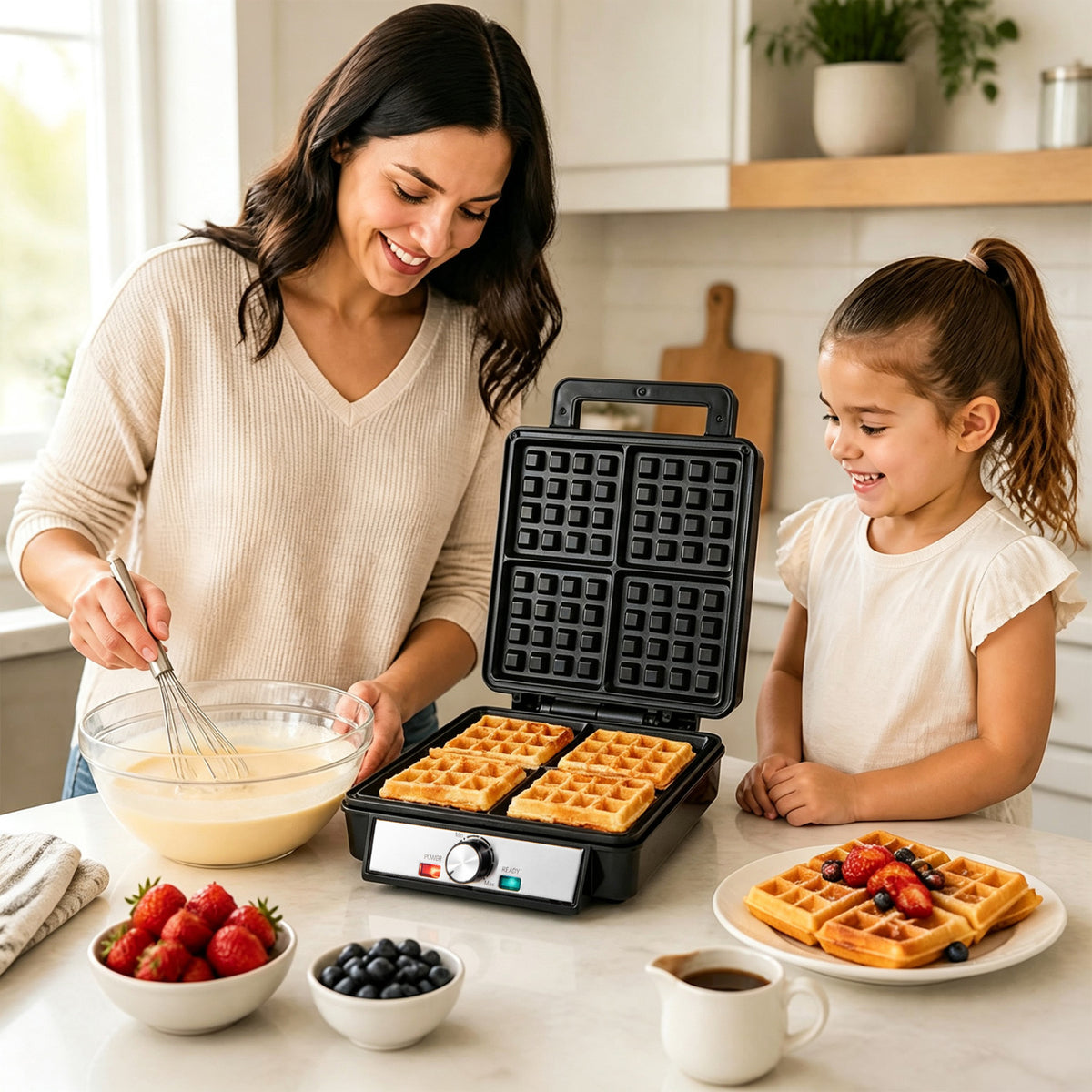 Belgian Waffle Maker 4-Slice 1200W with Browning Knob and Nonstick Plates, Black & Silver