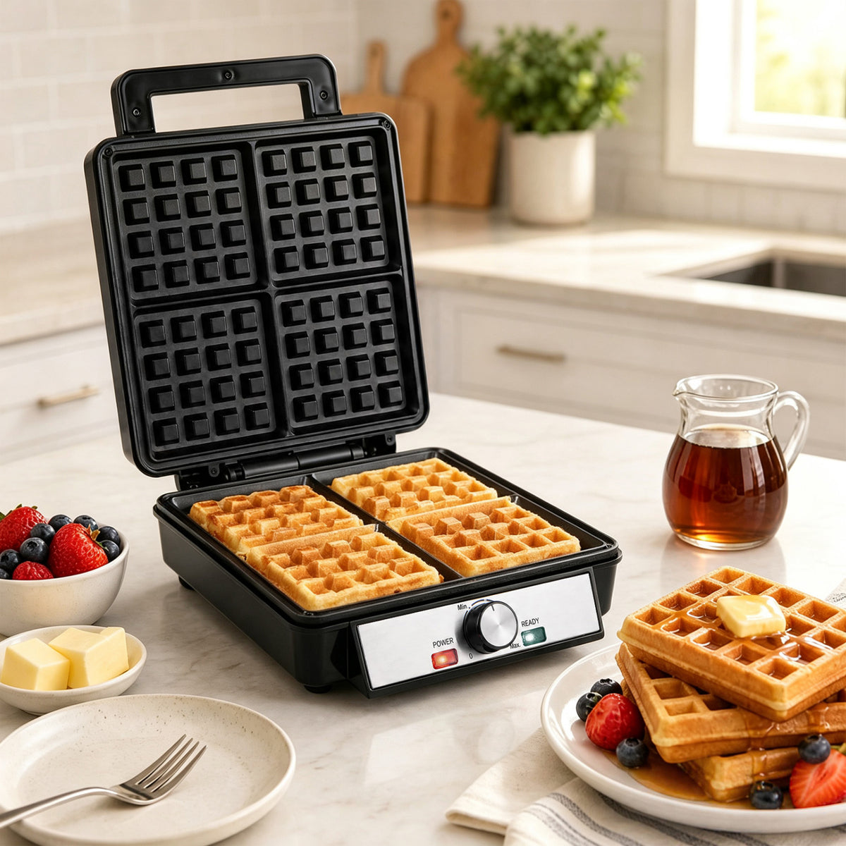 Belgian Waffle Maker 4-Slice 1200W with Browning Knob and Nonstick Plates, Black & Silver