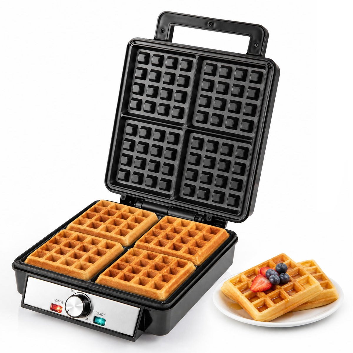 Belgian Waffle Maker 4-Slice 1200W with Browning Knob and Nonstick Plates, Black & Silver