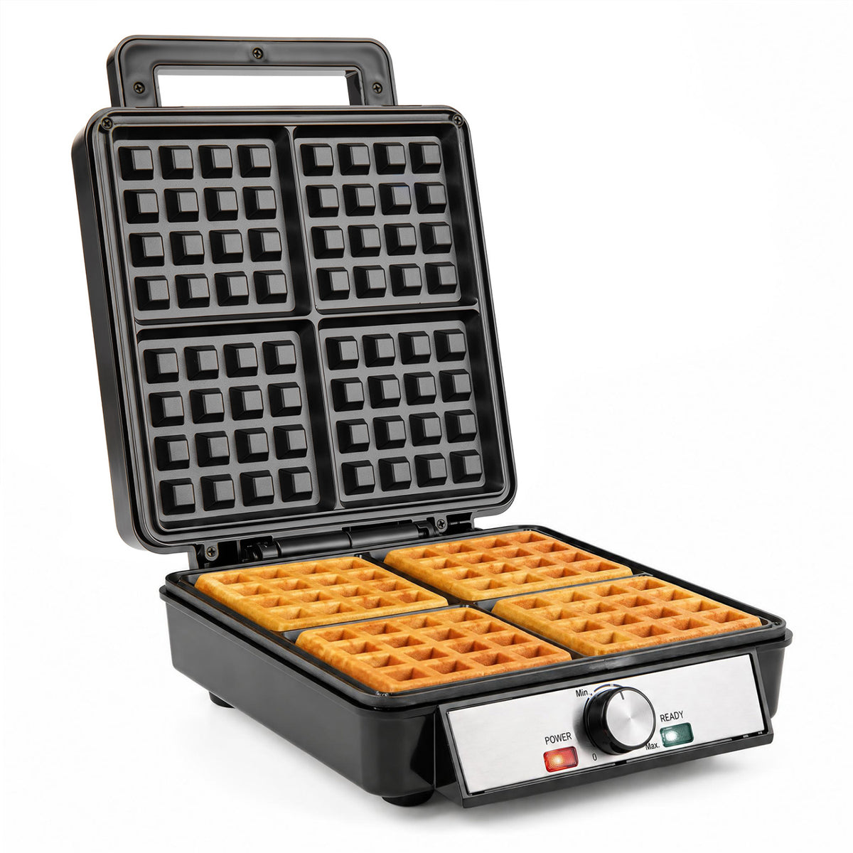Belgian Waffle Maker 4-Slice 1200W with Browning Knob and Nonstick Plates, Black & Silver