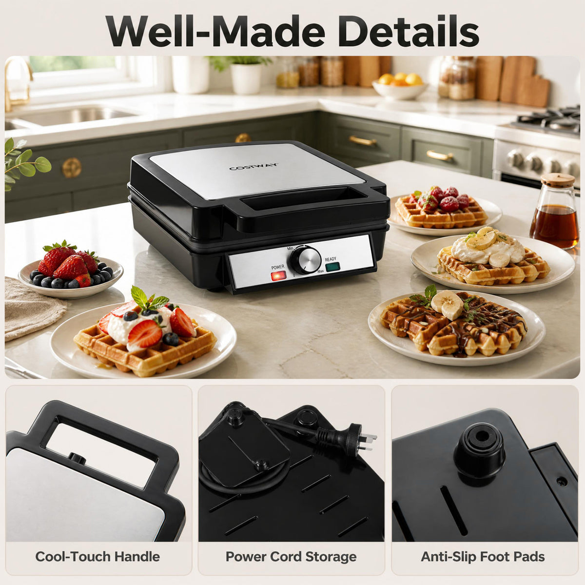 Belgian Waffle Maker 4-Slice 1200W with Browning Knob and Nonstick Plates, Black & Silver