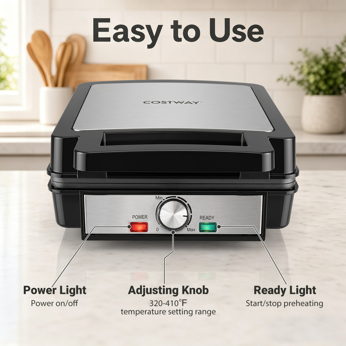 Belgian Waffle Maker 4-Slice 1200W with Browning Knob and Nonstick Plates, Black & Silver
