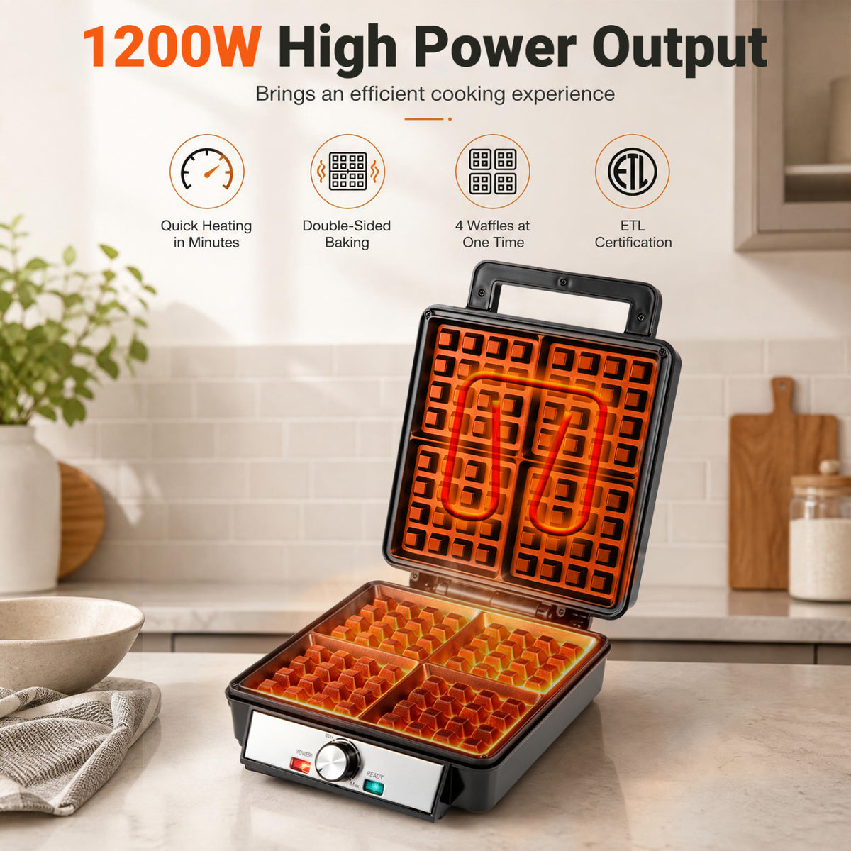 Belgian Waffle Maker 4-Slice 1200W with Browning Knob and Nonstick Plates, Black & Silver
