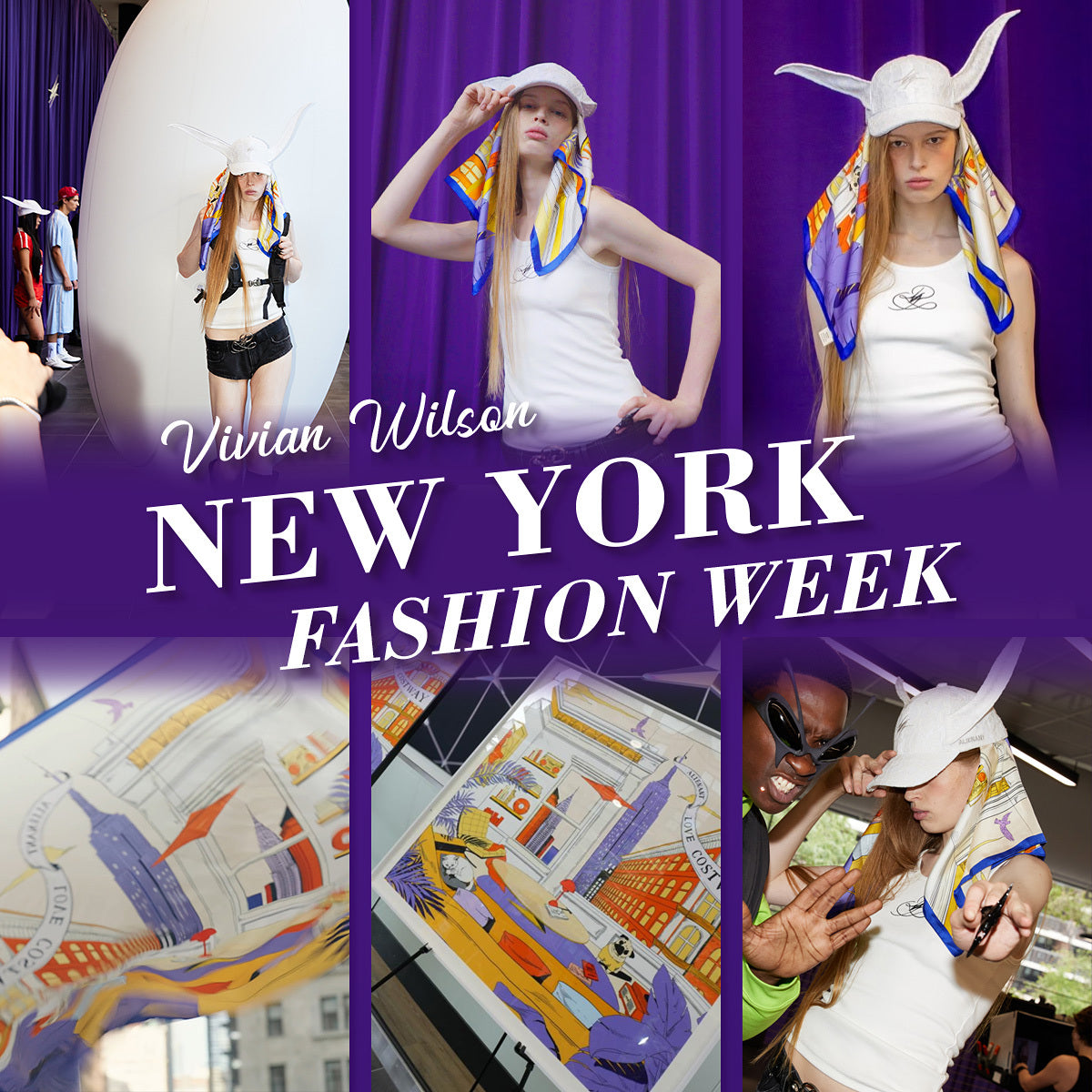 Model wearing a colorful printed scarf in several fashion-week scenes.