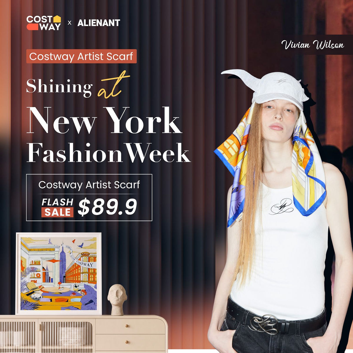 Model wearing the illustrated scarf draped over her head and shoulders.
