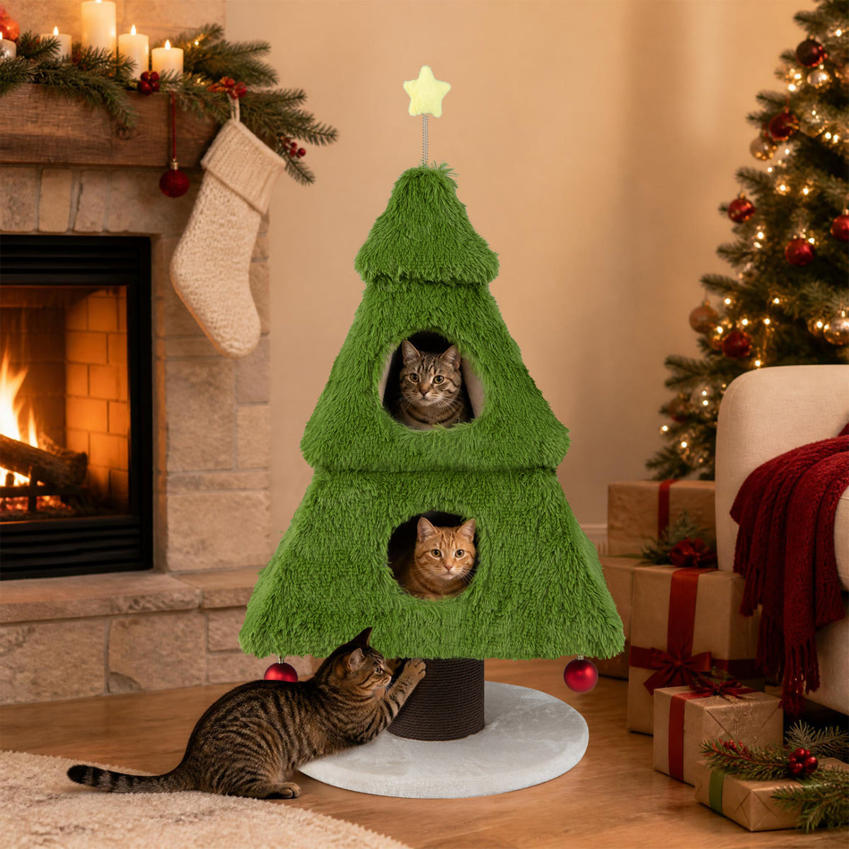 Green Christmas tree-shaped cat tower with cats in its openings and a cat beside the scratching post.