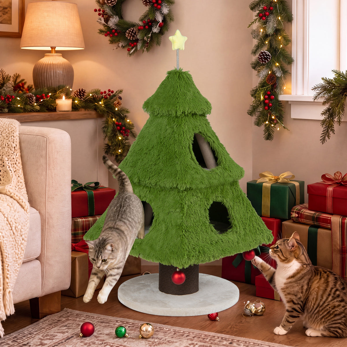 Green tree-shaped cat tower with two cats playing beside it in a decorated holiday living room.