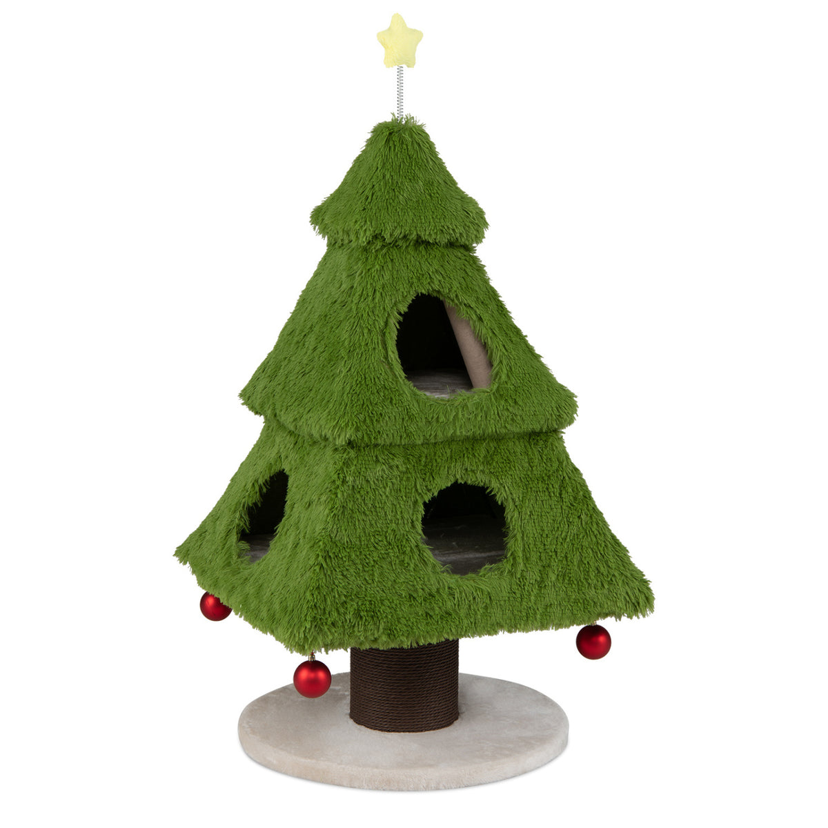 Green Christmas tree-shaped cat tower with three openings, dangling red balls, a star topper, and a round base.