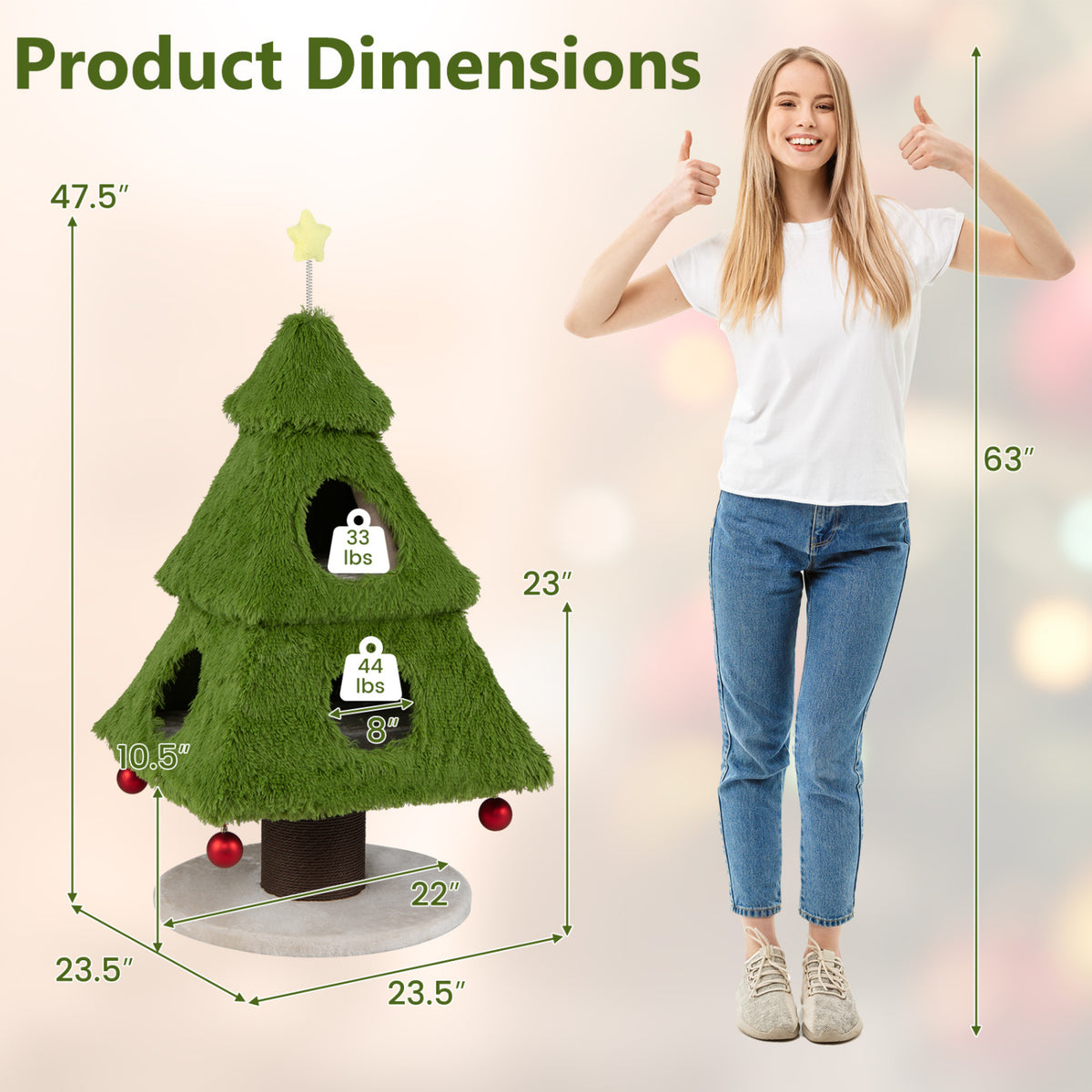 Green Christmas tree-shaped cat tower beside a person, with measurement arrows around it.