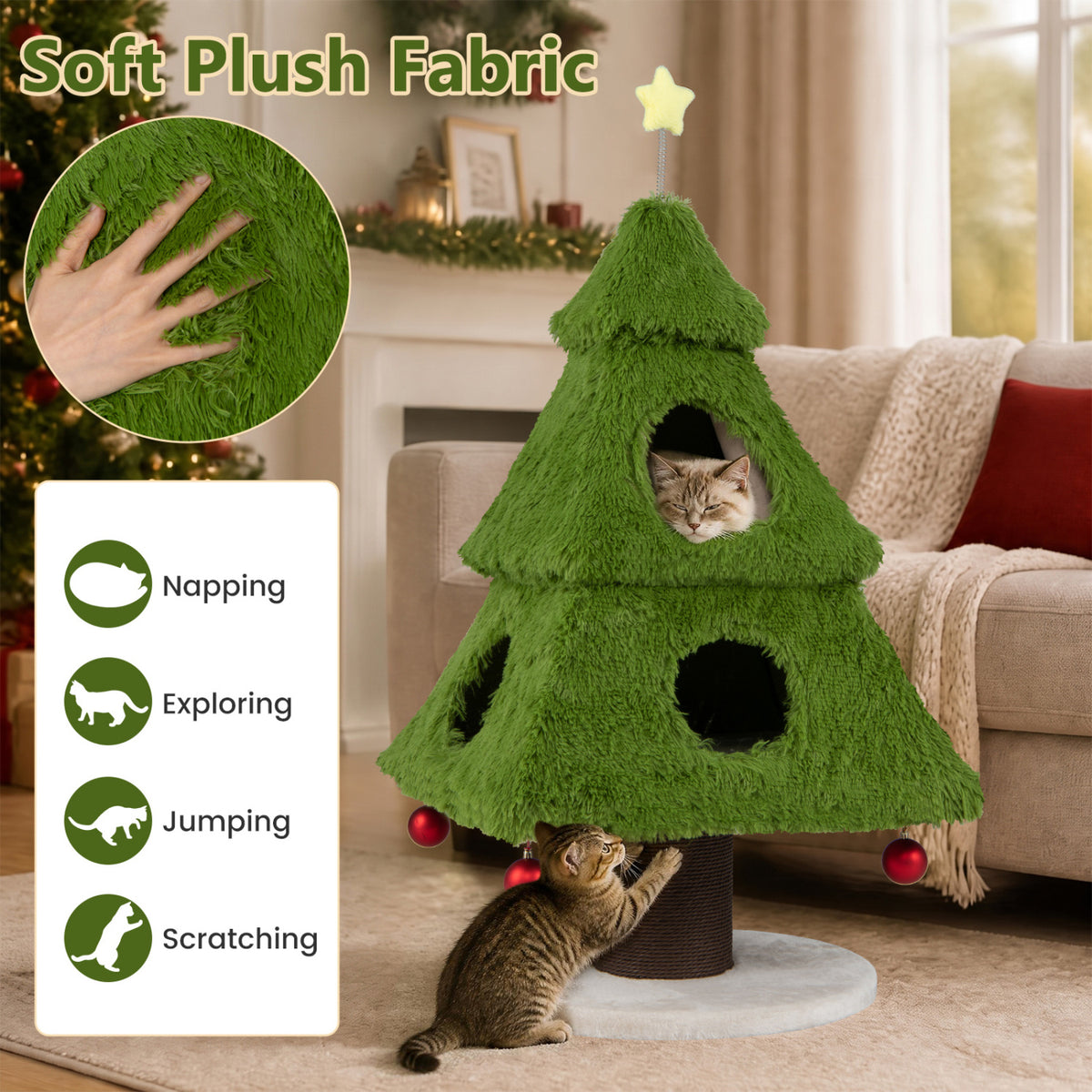 Green plush cat tree with two cats, a scratching post, dangling ornaments, and a close-up of the fabric.