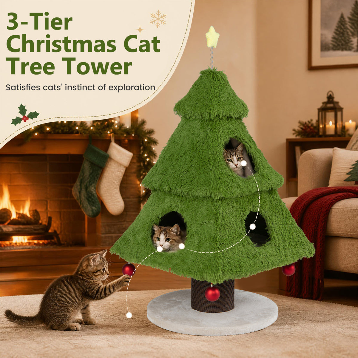 Three cats explore a green Christmas tree-shaped cat tower beside a lit fireplace.