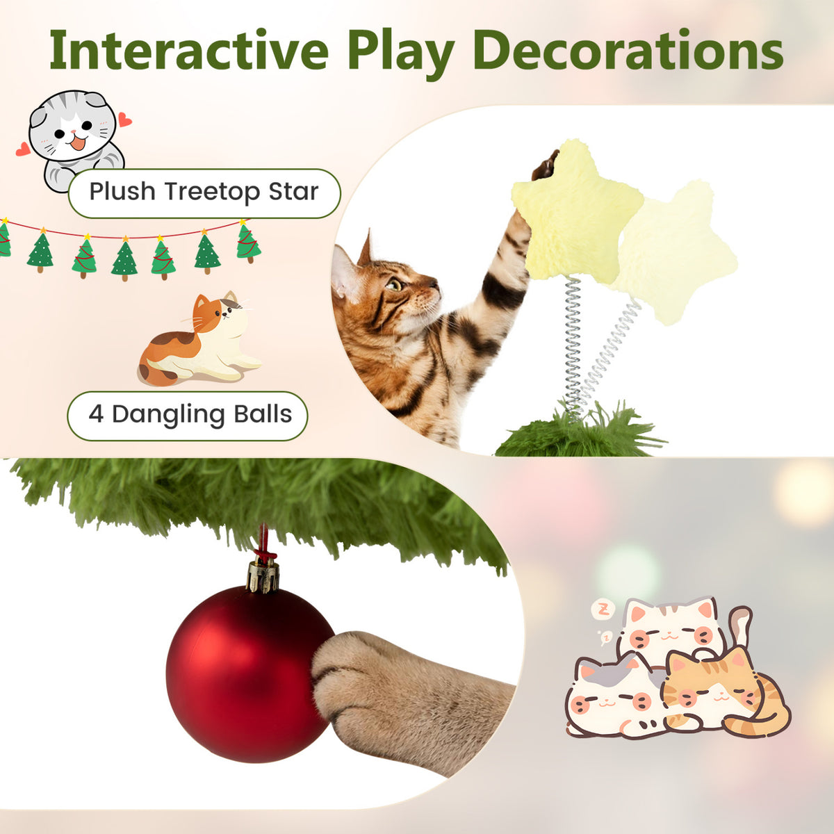 Close-ups show a cat batting at the plush star topper and a paw touching a dangling red ornament.