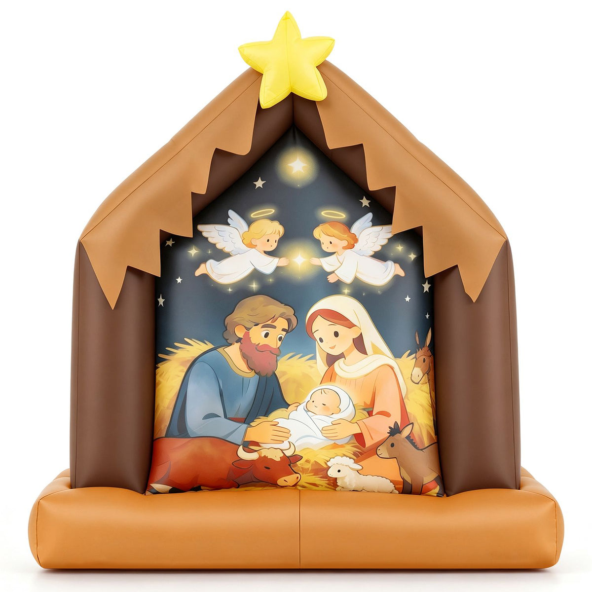Front view of the multicolored nativity inflatable against a plain white background