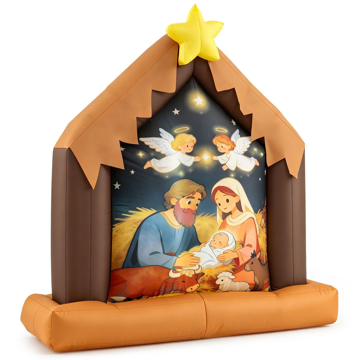 Angled view of the nativity inflatable showing its brown stable and illuminated scene