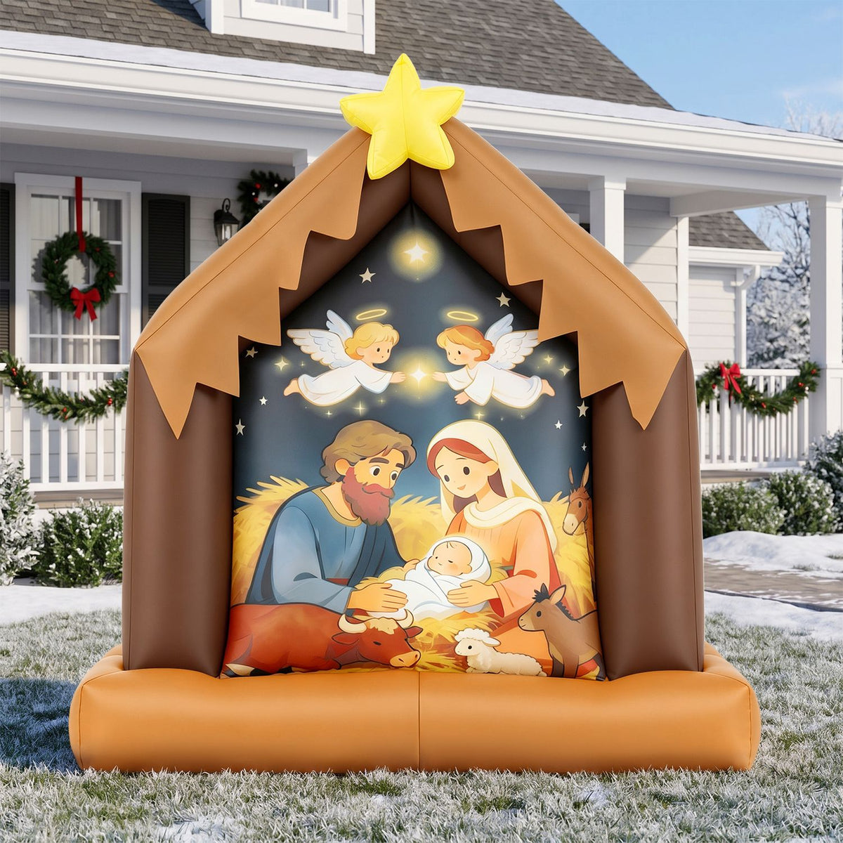 Multicolored nativity inflatable shown front-on on a snowy lawn in daylight