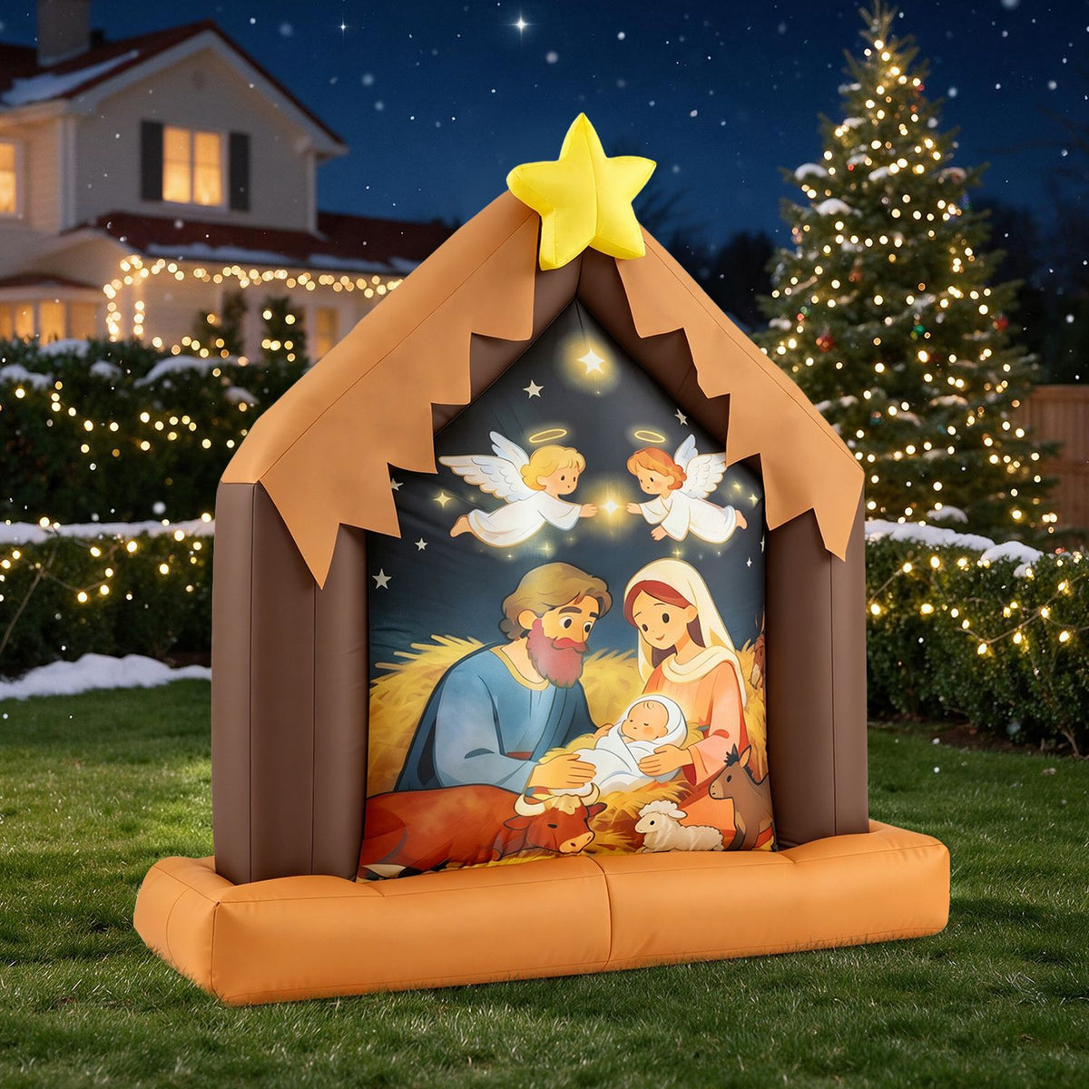 Illuminated nativity inflatable displayed on a lawn at night beside a lit Christmas tree