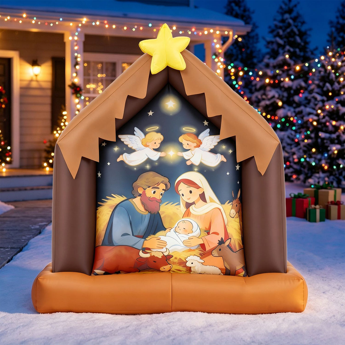 Glowing nativity inflatable displayed on snow outside a decorated home at night