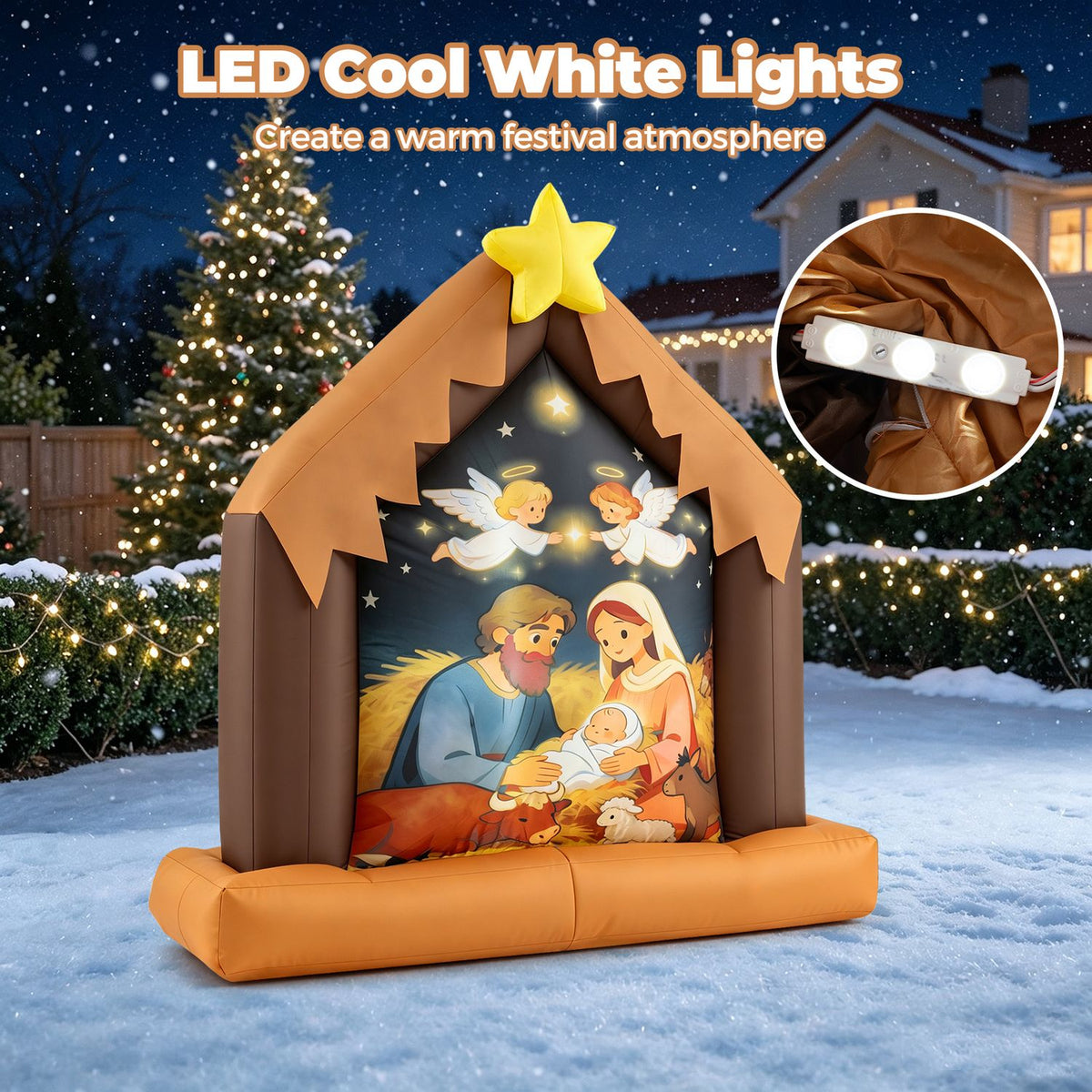 Illuminated nativity stable in a snowy yard, with a circular close-up of three white LED lights inside.