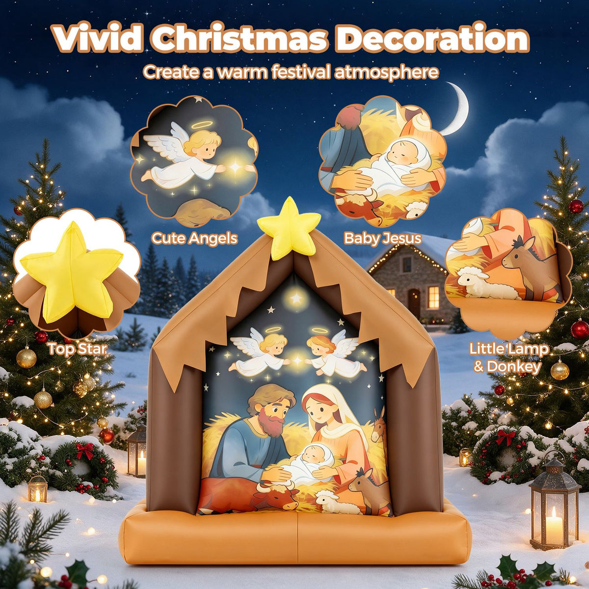 Inflatable nativity stable with callouts showing its star, angels, baby, lamb, and donkey decorations.
