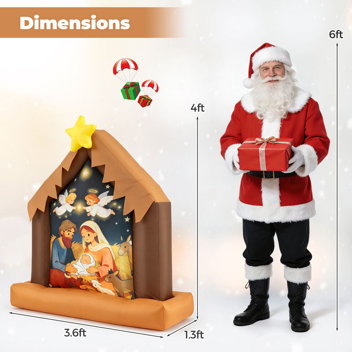 Nativity inflatable beside a Santa scale graphic with width and depth labels
