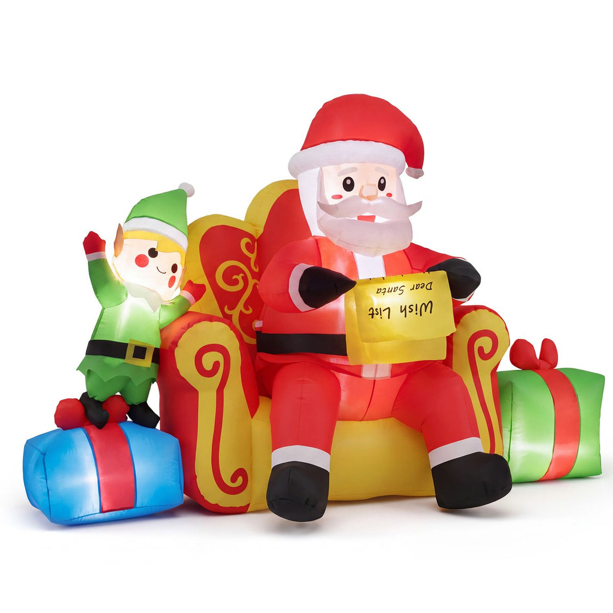 Angled view of inflatable Santa in his chair, with a waving elf on a gift and another present nearby.