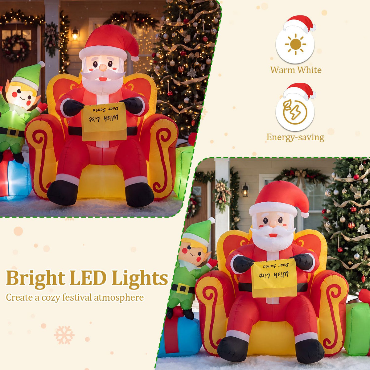 Inflatable Santa and elf appear in two festive scenes, with warm light and energy-saving icons.