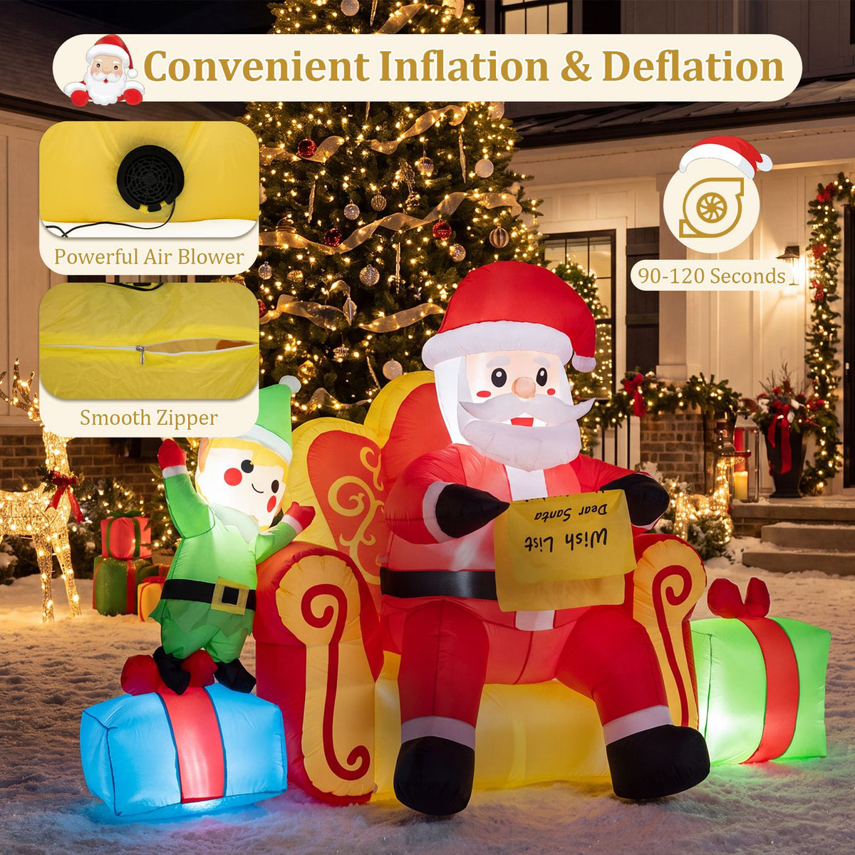 Santa and an elf sit on the inflatable sofa beneath a lit tree, alongside close-ups of the blower and zipper.