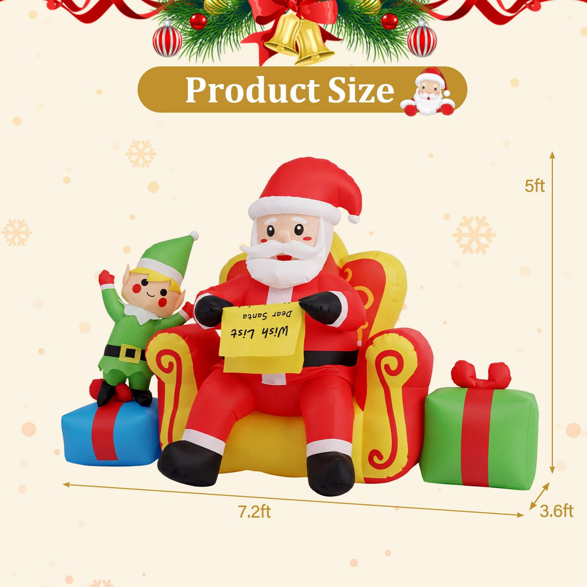Inflatable Santa sits on a red and yellow sofa between an elf and two gifts.