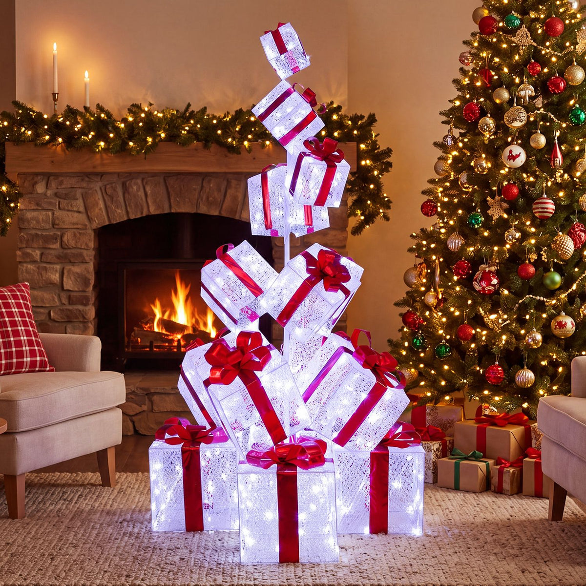 A glowing tower of white gift boxes with red ribbons stands beside a decorated Christmas tree and fireplace.