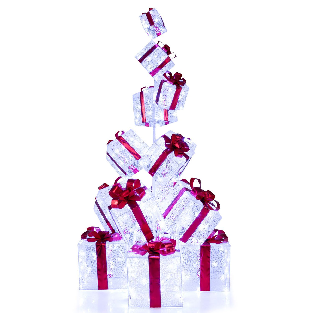A front view of glowing white gift boxes with red ribbons arranged in a tall, tapered stack on white.