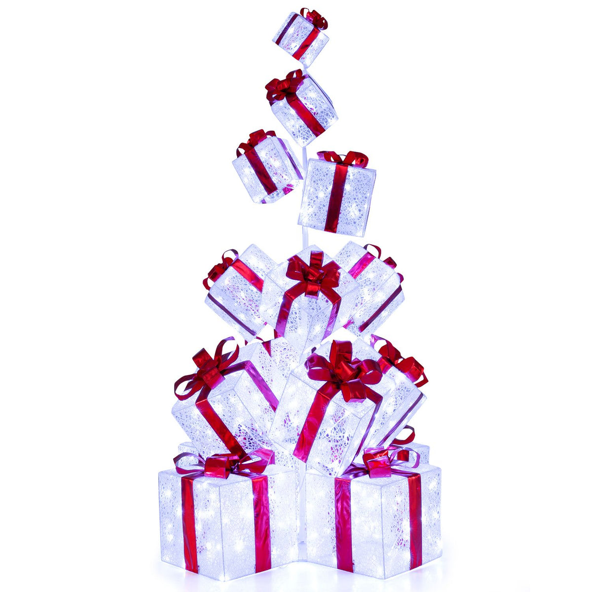 An angled view of a glowing gift-box tower, with red bows and ribbons against a white background.