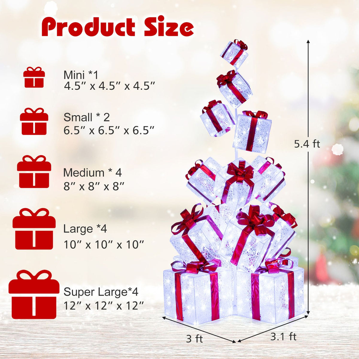 Glowing gift boxes stacked in a tree shape beside a size and dimension graphic.