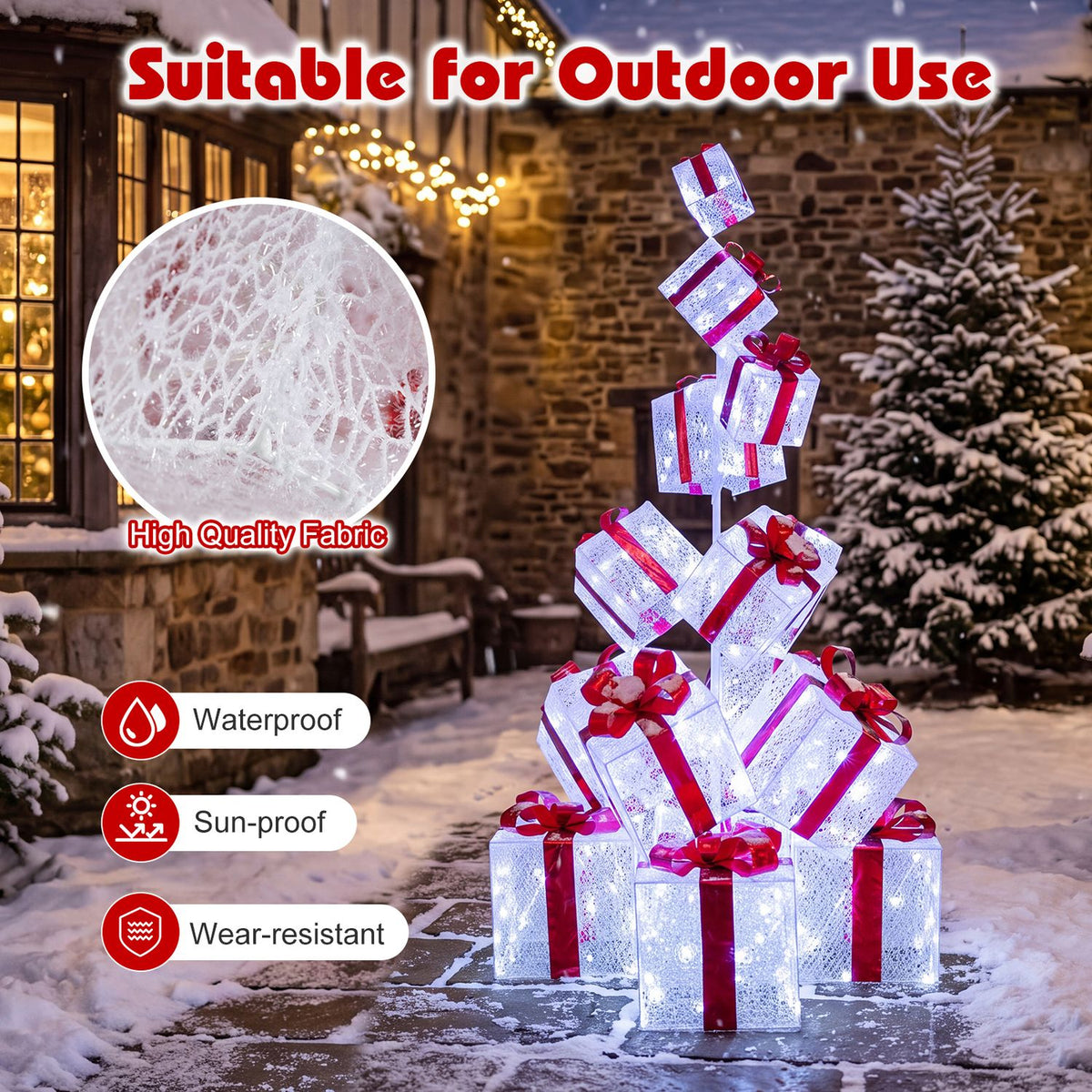 Glowing gift-box stack stands on a snowy patio, with a circular close-up of its white mesh material.