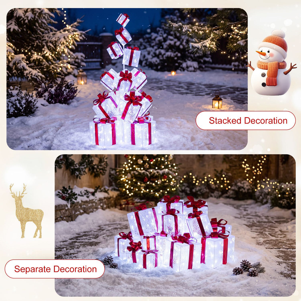 Two snowy outdoor scenes show the illuminated gift boxes stacked as a tree and arranged separately.