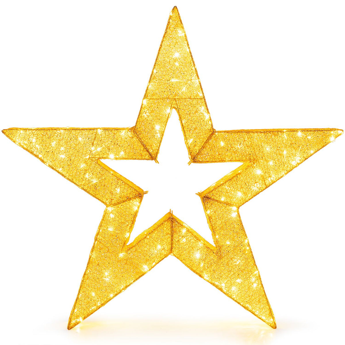 Front-facing illuminated gold star decoration shown alone on a white background.