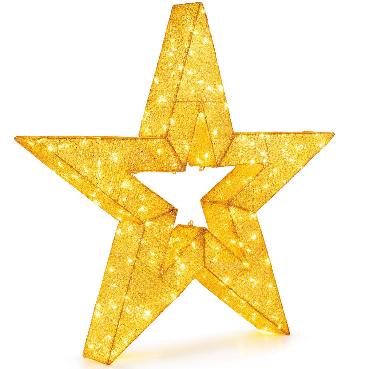Angled view of a glowing gold star decoration against a plain white background.