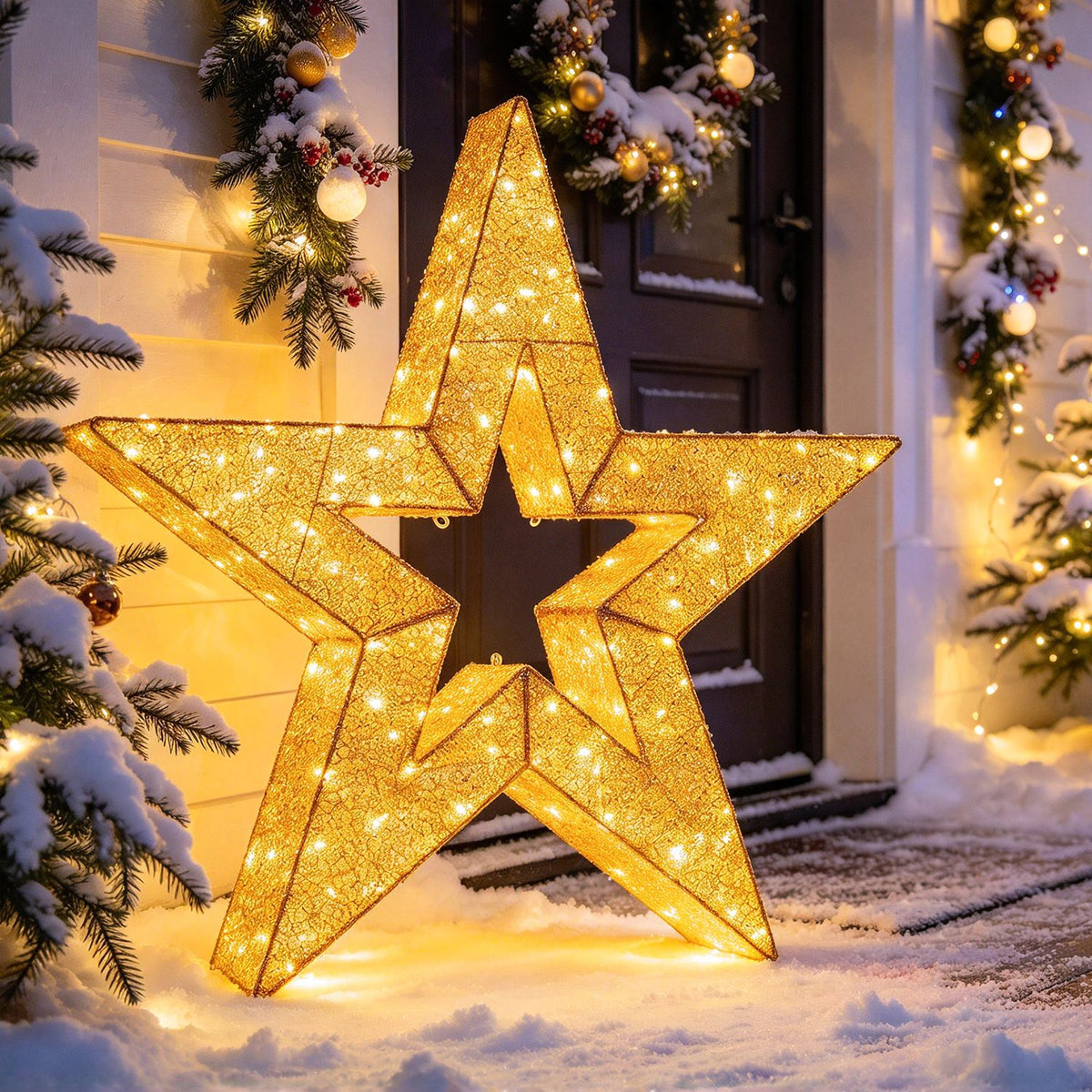 Illuminated gold star stands in snow beside a decorated doorway and evergreen branches.