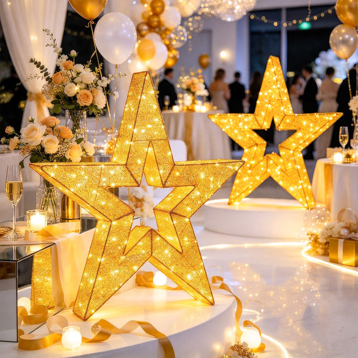 Two illuminated gold star decorations displayed among balloons and flowers at a celebration.