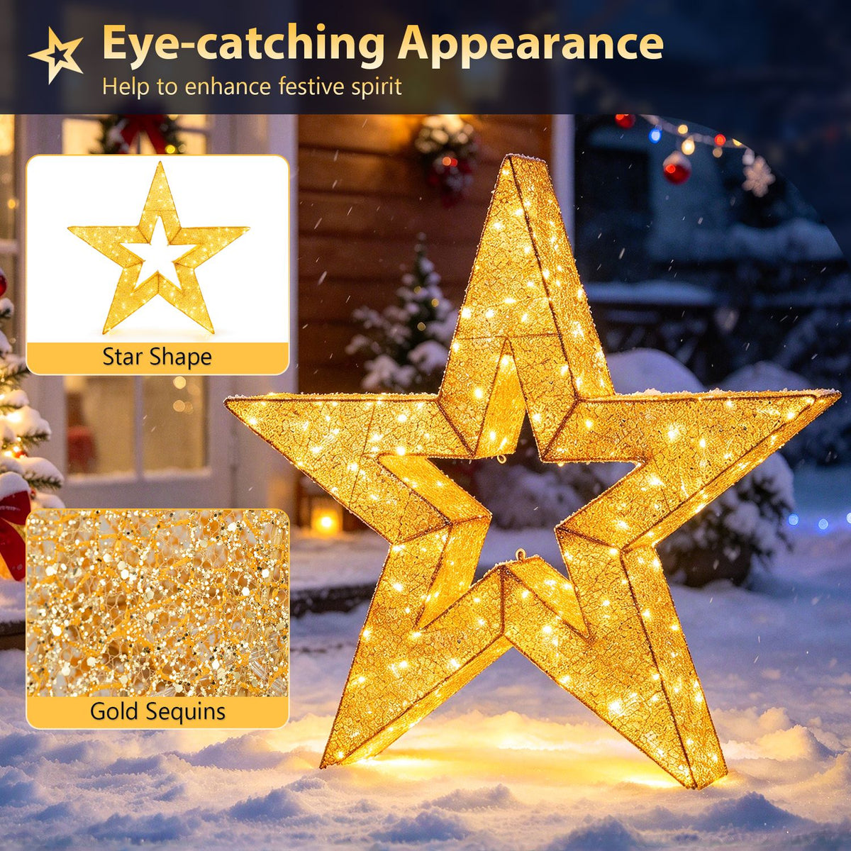A lit gold star stands in snow, with inset views of its star shape and sparkling surface.