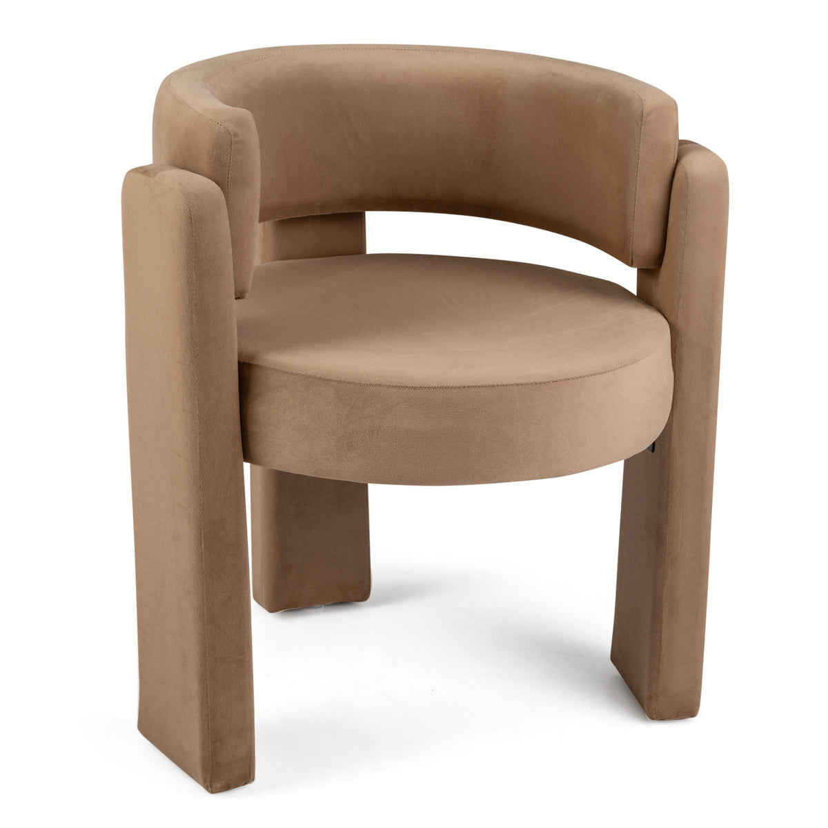Tan velvet barrel accent chair shown at an angle against a white background