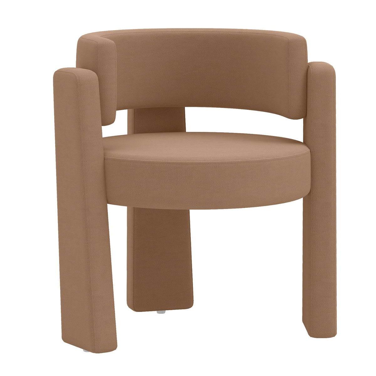 Front view of a tan velvet barrel chair against a white background