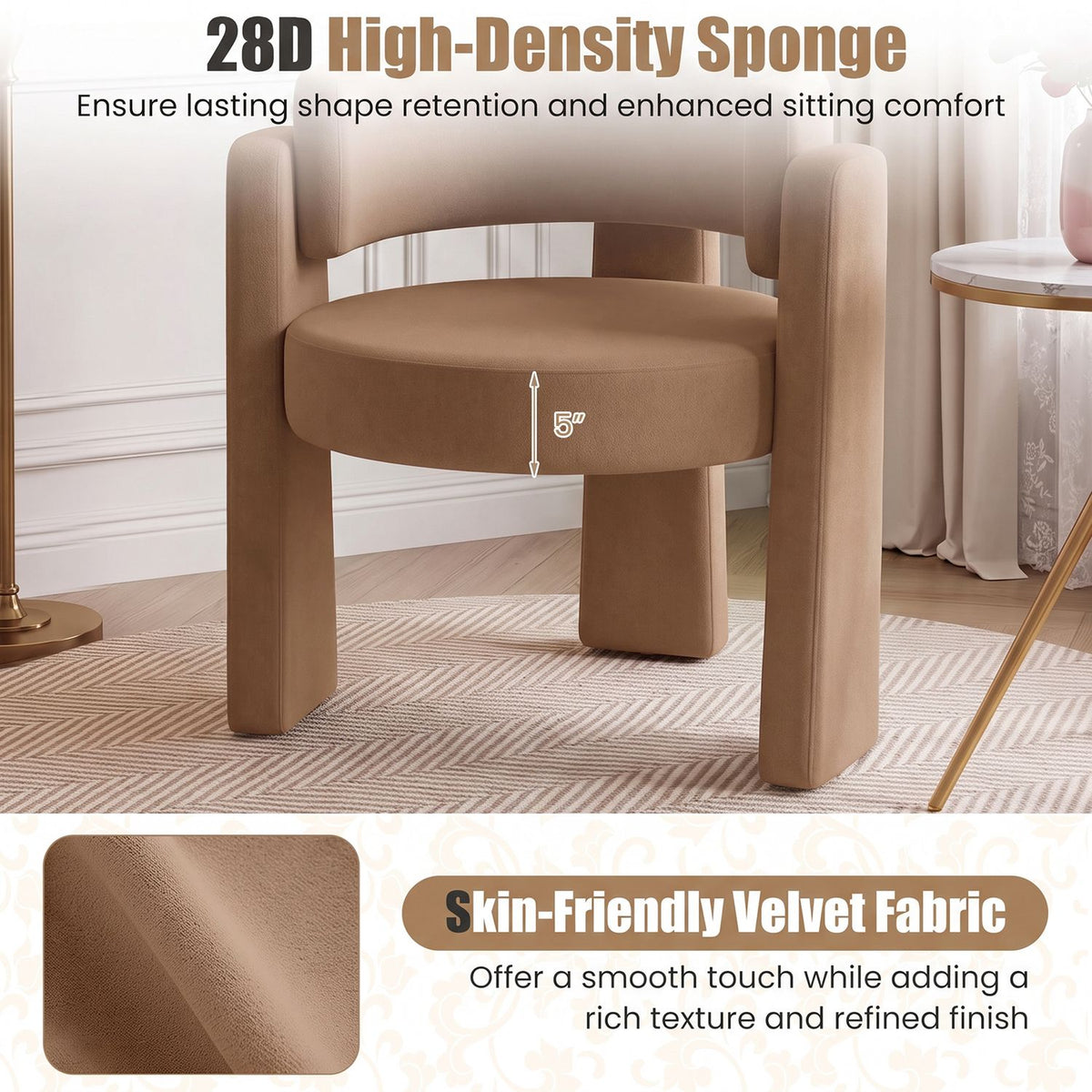 Close view of the tan velvet chair seat and upholstery with a fabric detail inset