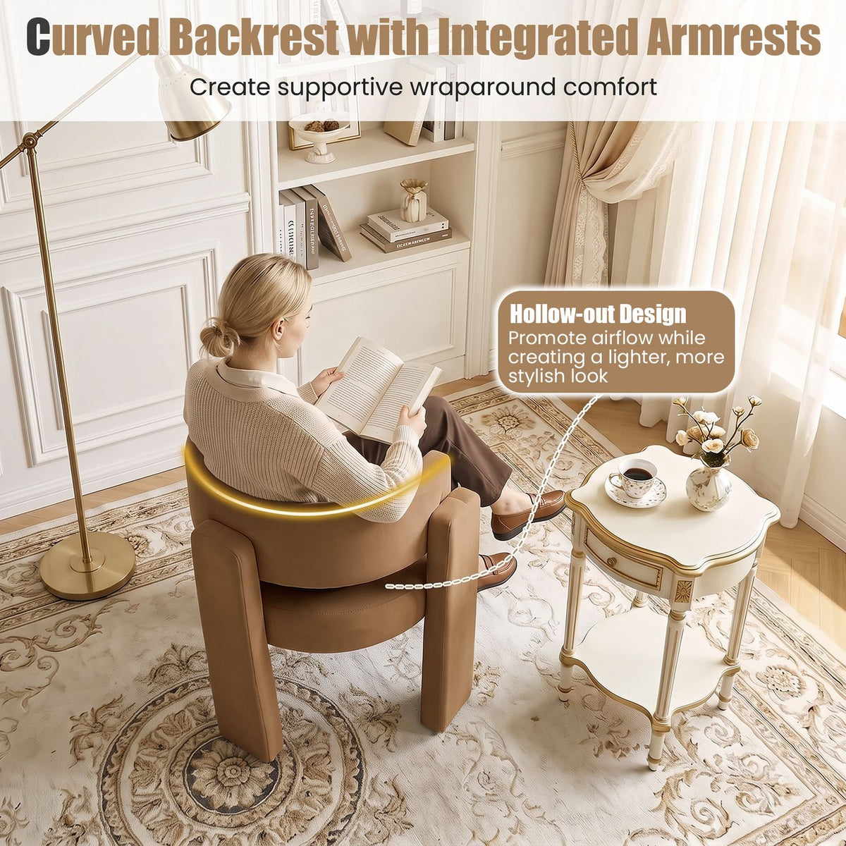 A person reading while seated in the tan chair, shown from behind in a bright living room.