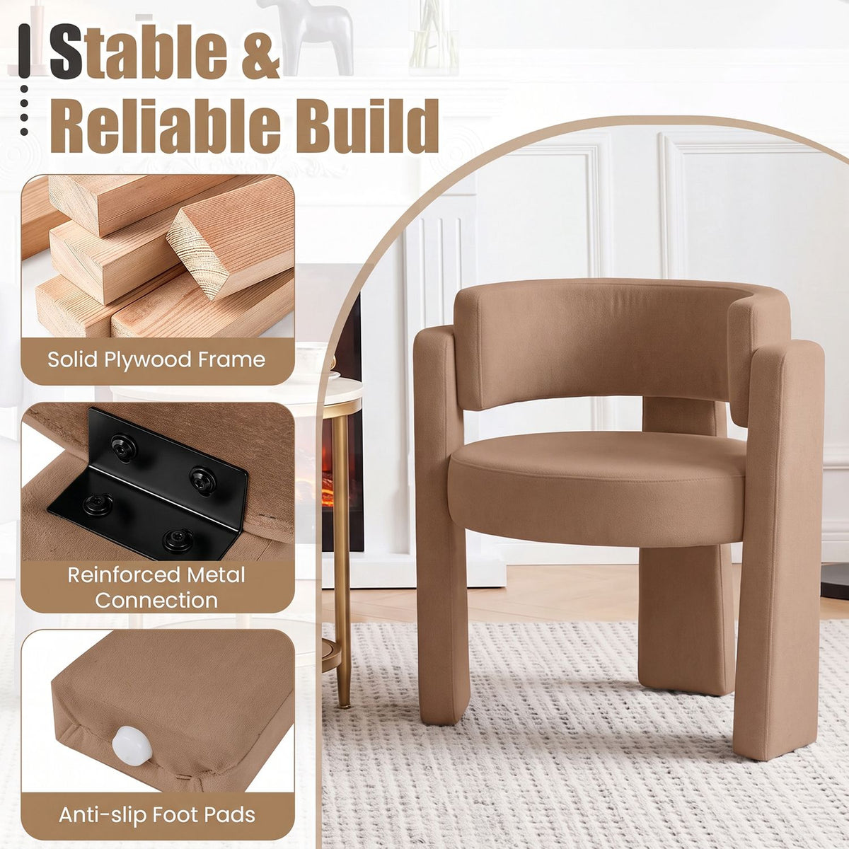 Front view of the tan chair beside close-ups of its frame, metal connection, and foot pad.
