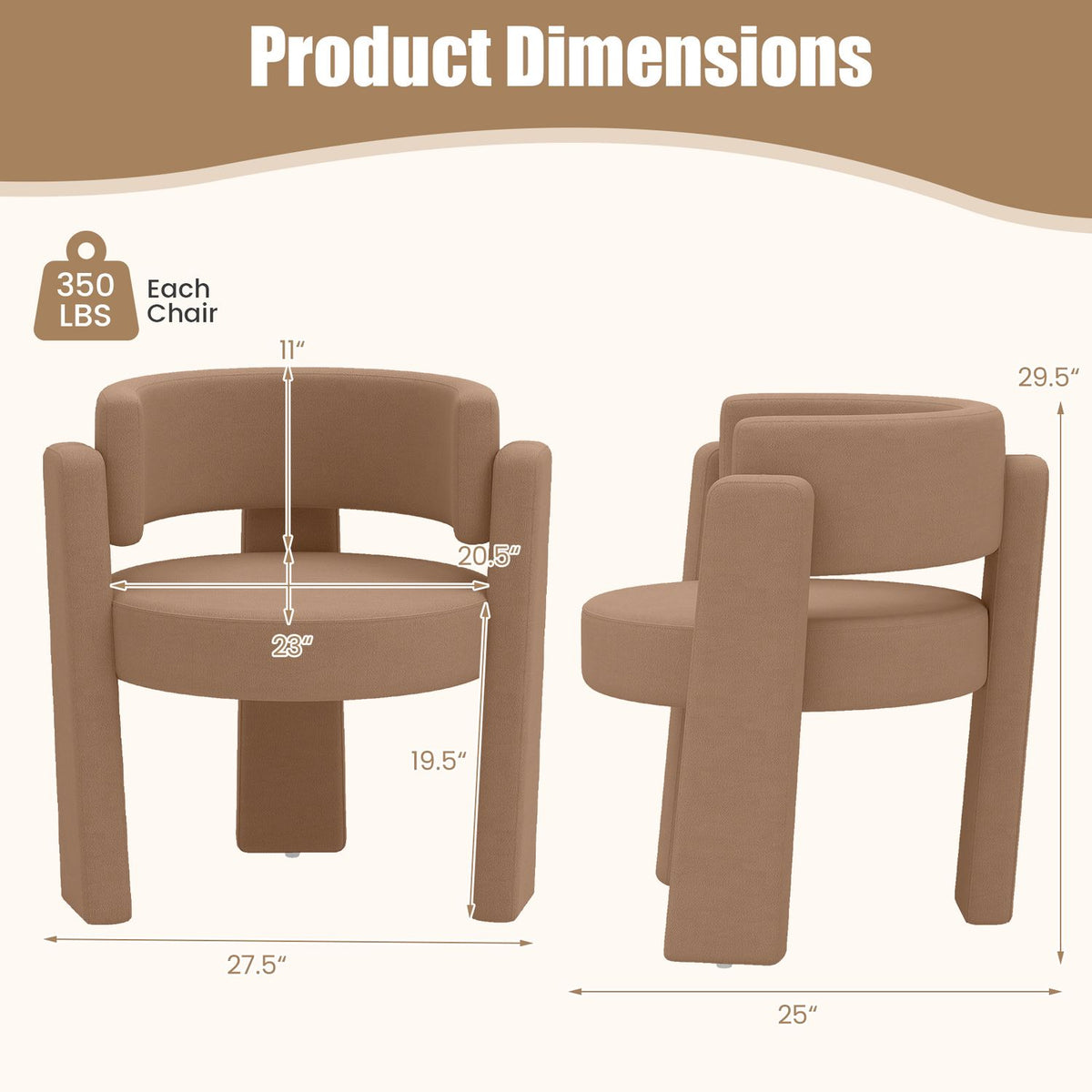 Tan barrel chair shown from front and side with a product dimensions graphic