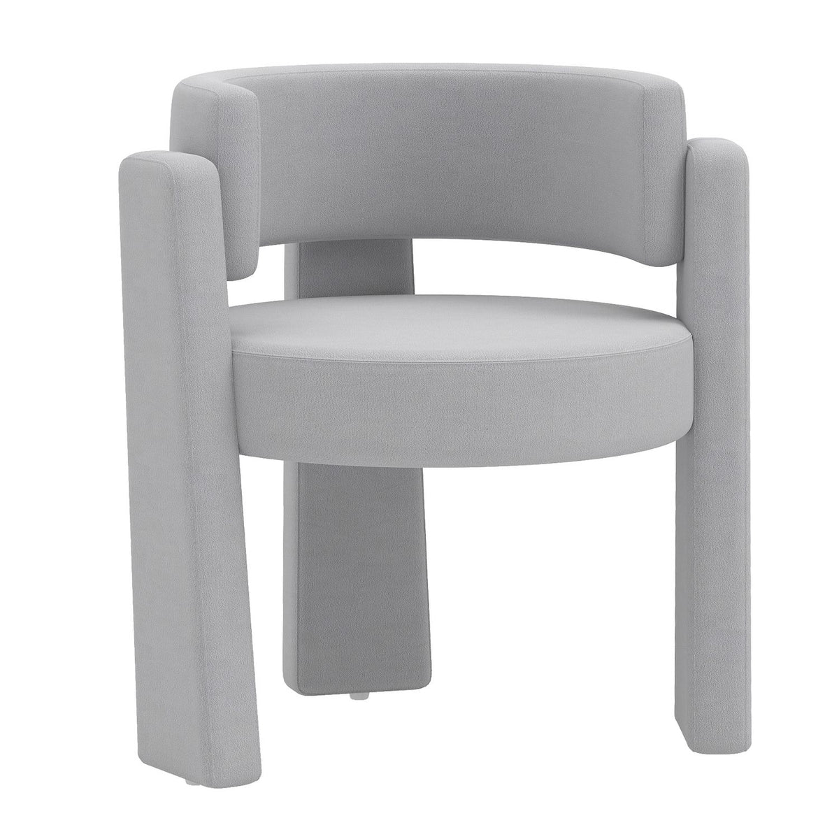 Light gray upholstered barrel chair shown against a white background from the front at an angle.
