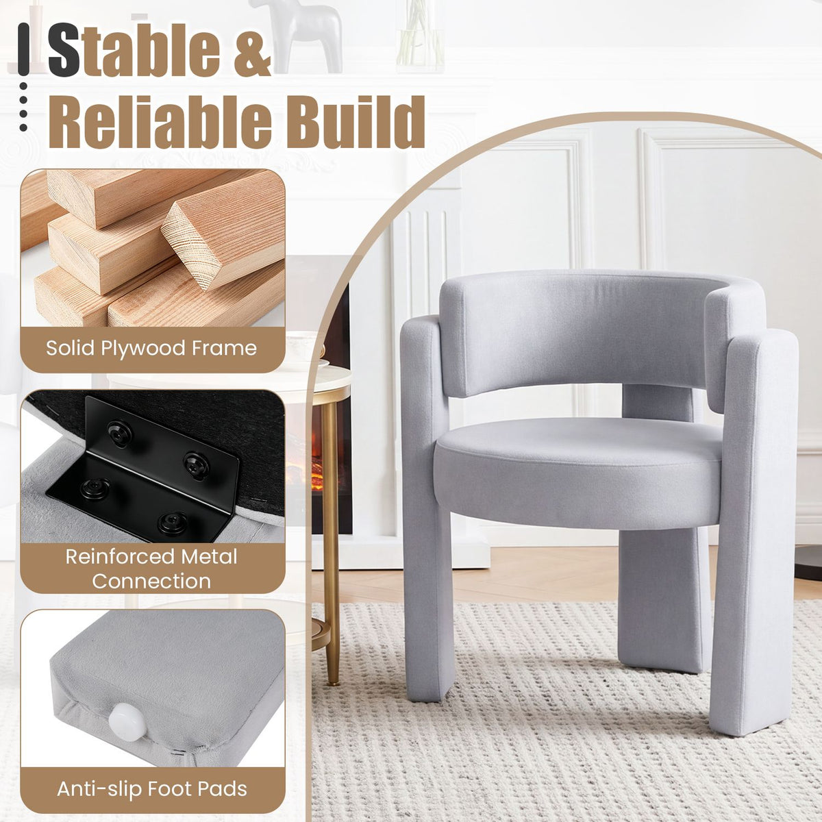 Front view of a light gray barrel chair, alongside close-ups of its wooden frame, metal connector, and foot pad.